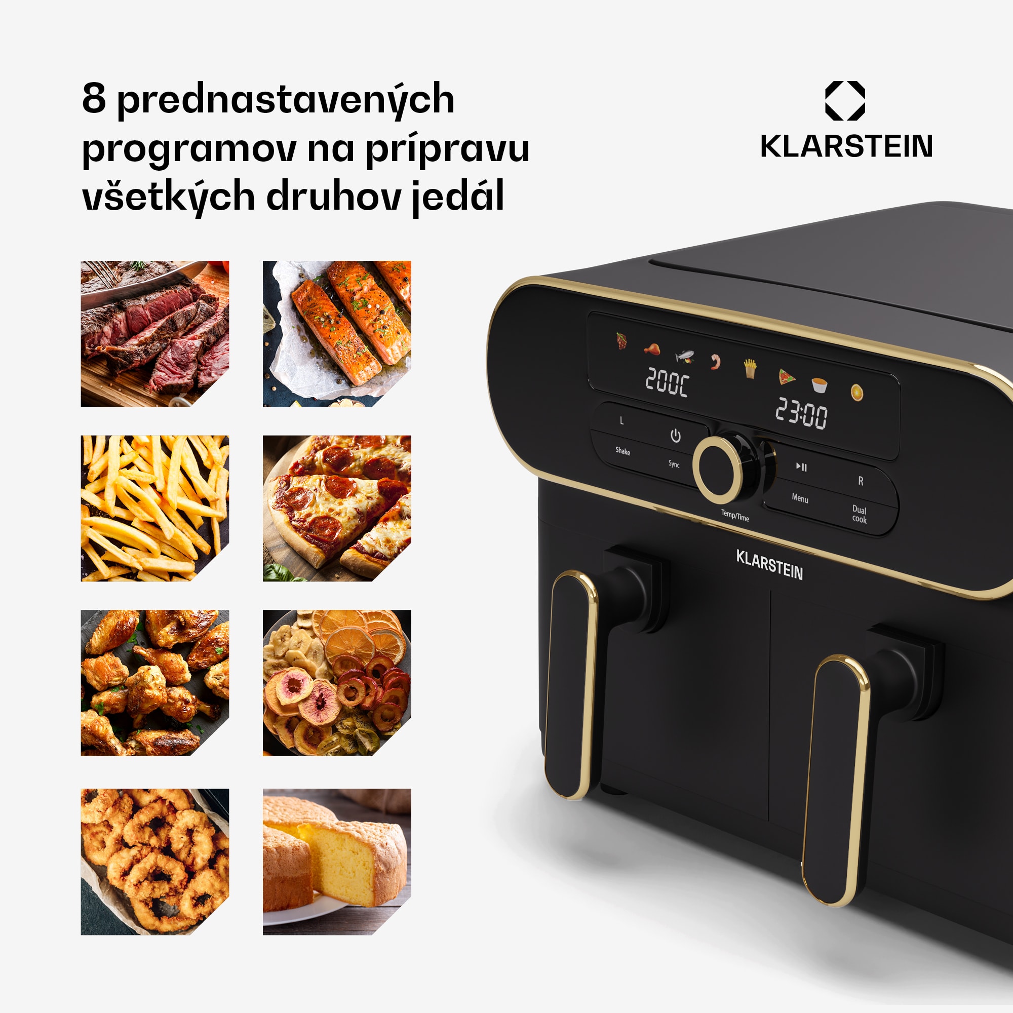 Klarstein AuraAir Color Touch teplovzdušná fritéza, 2 komory, 10 l, 1700 W, 80 - 200 °C, 8 programov – Obrázok 4
