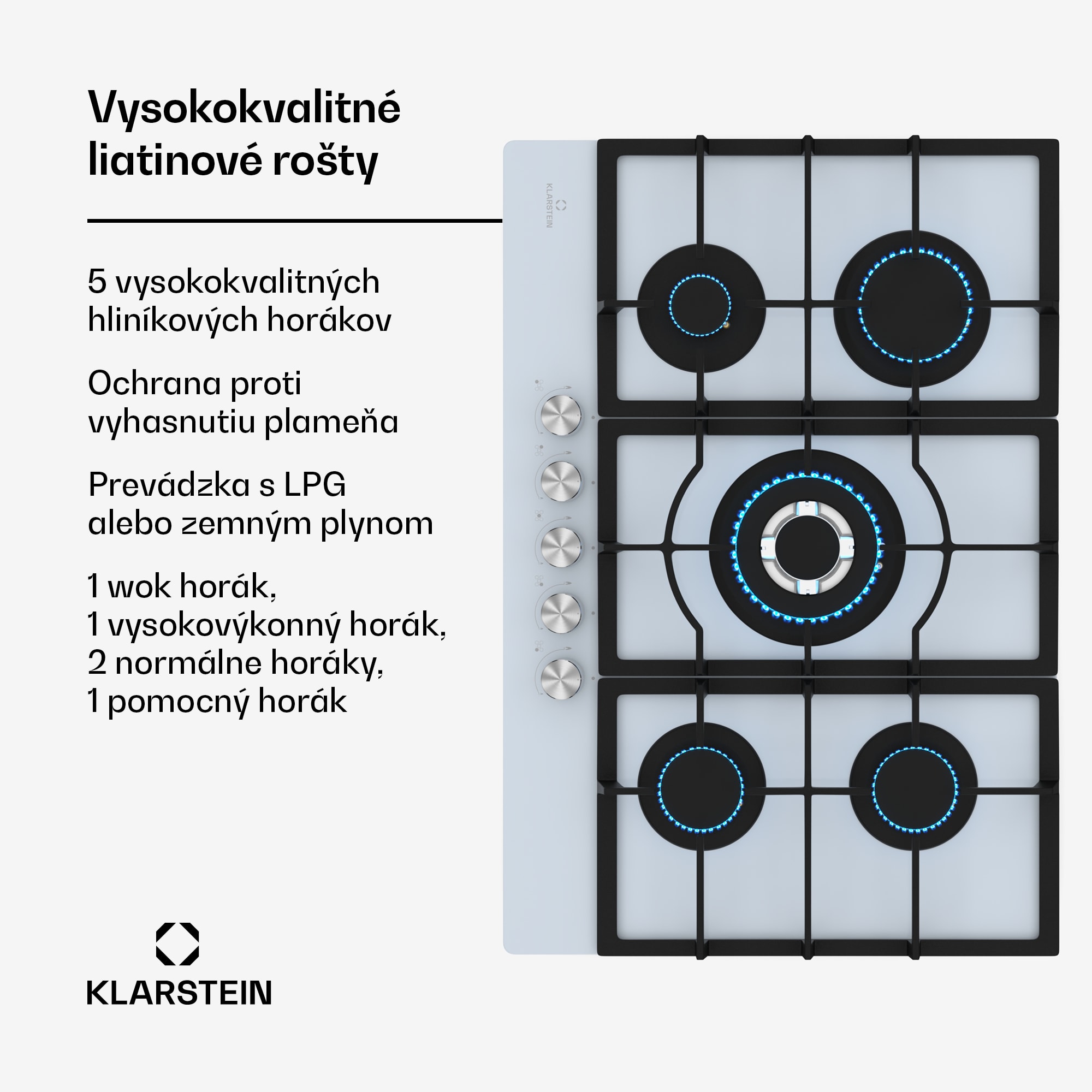 Klarstein Ignito 5-zónová plynová varná doska, 5 Horákov, elektr. zapaľovanie, Wok, na skvapalnený alebo zemný plyn – Obrázok 2