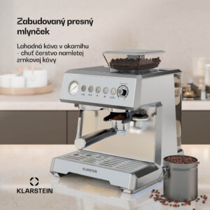 Klarstein GrandPresso pákový kávovar, precízny mlynček, parná tryska, portafilter, indikátor tlaku, 20 bar