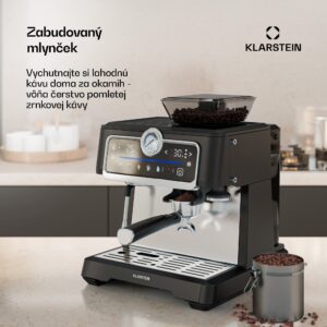 Klarstein GrandPresso Touch kávovar, 20 barov, integrovaný mlynček, indikátor tlaku, mliečna pena