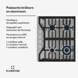 Klarstein Turbocast plynová varná doska | nerezová oceľ 304 | 4 horáky | profesionálny liatinový držiak | Wok horák