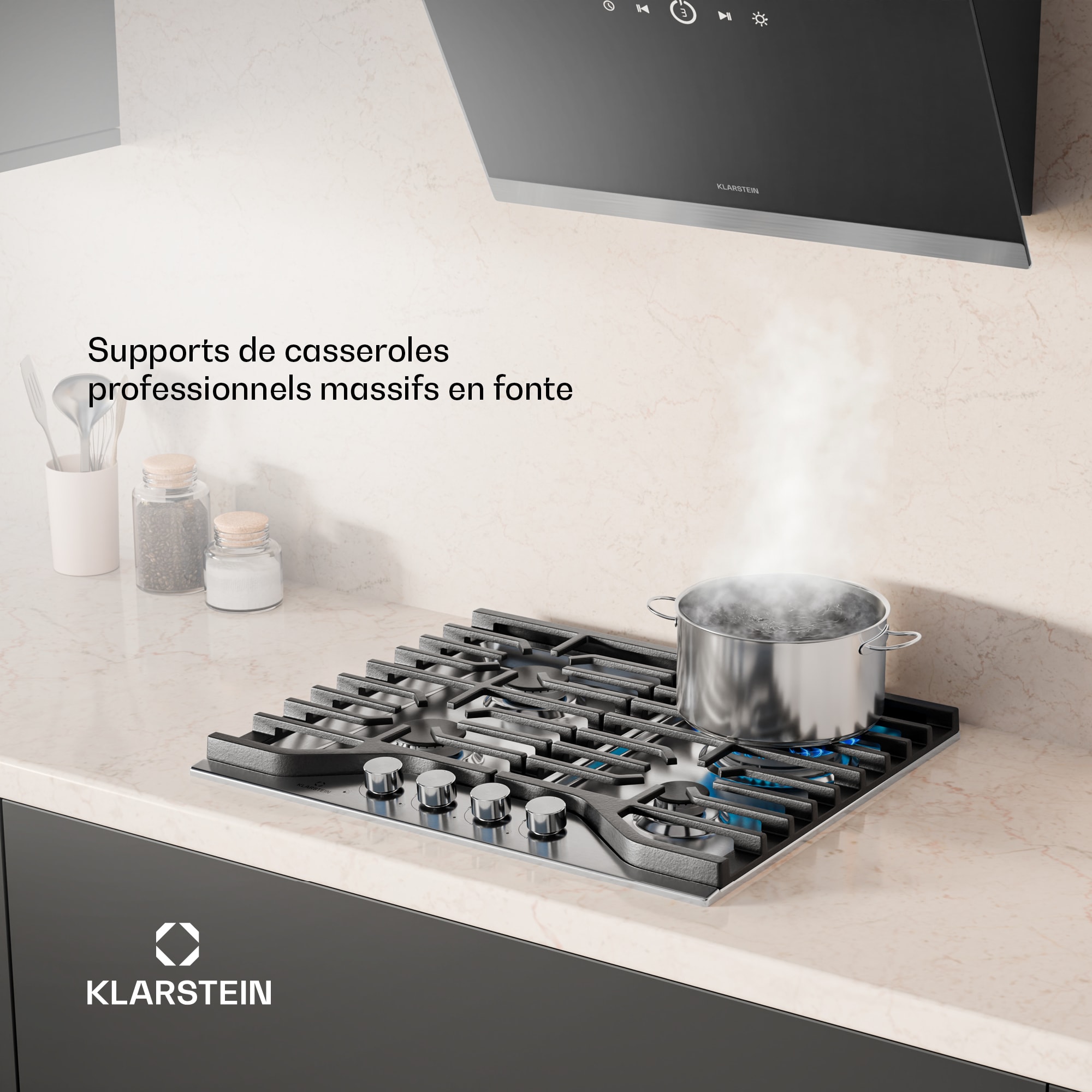 Klarstein Turbocast plynová varná doska | nerezová oceľ 304 | 4 horáky | profesionálny liatinový držiak | Wok horák – Obrázok 2