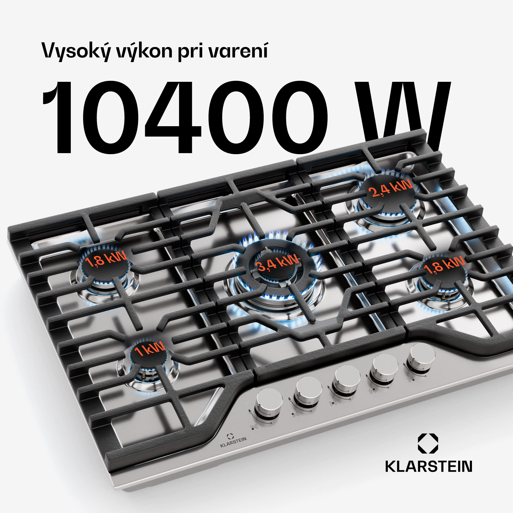 Klarstein Turbocast plynová varná doska, 304 nehrdzavejúca oceľ, 5 horákov, profesionálny liatinový držiak, horák wok