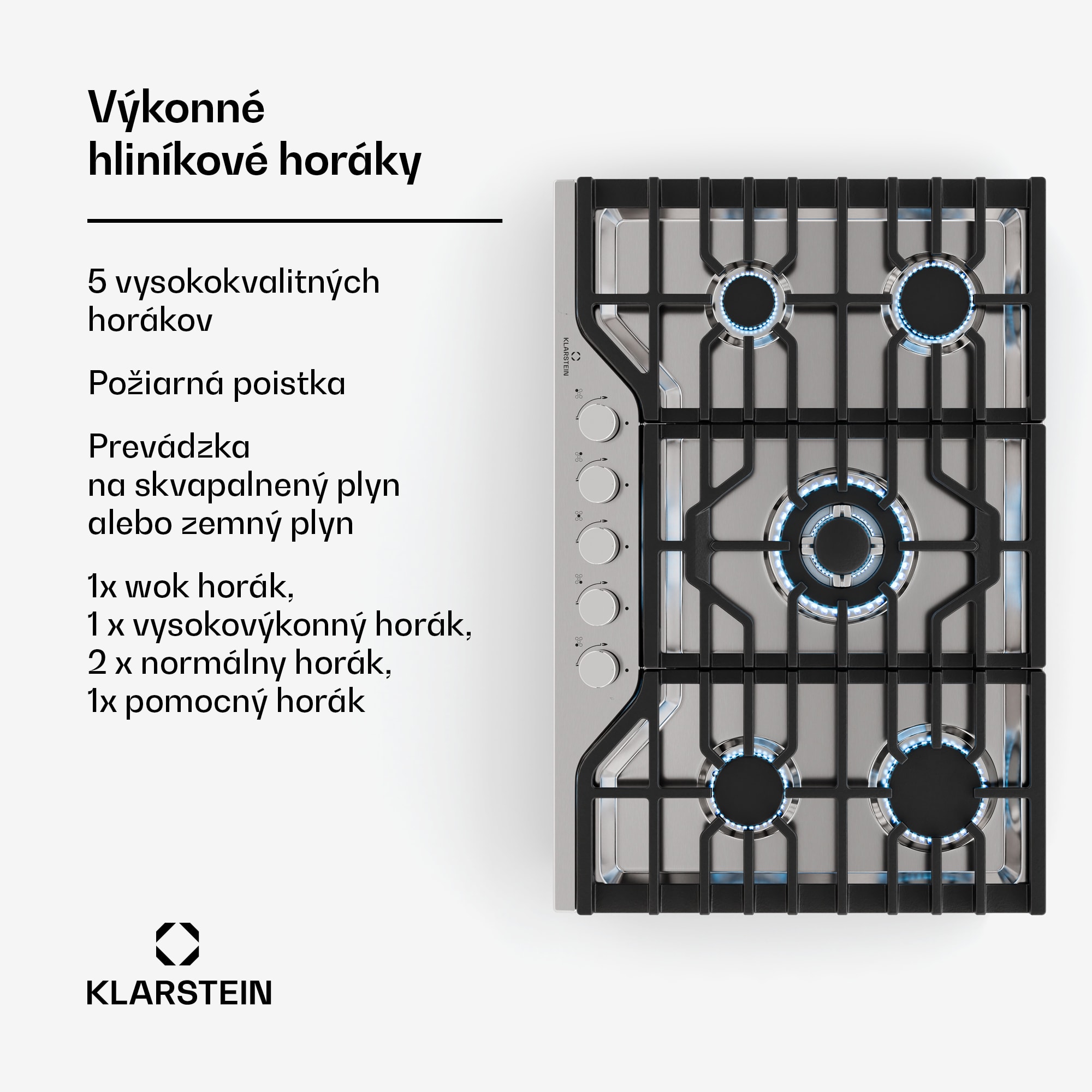 Klarstein Turbocast plynová varná doska, 304 nehrdzavejúca oceľ, 5 horákov, profesionálny liatinový držiak, horák wok – Obrázok 2