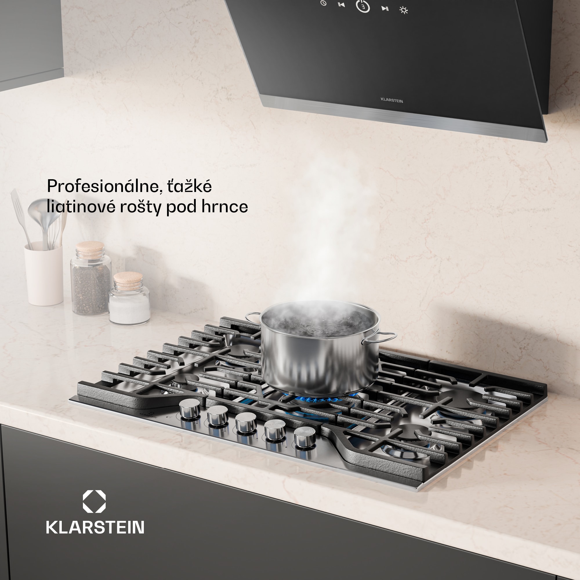Klarstein Turbocast plynová varná doska, 304 nehrdzavejúca oceľ, 5 horákov, profesionálny liatinový držiak, horák wok – Obrázok 3