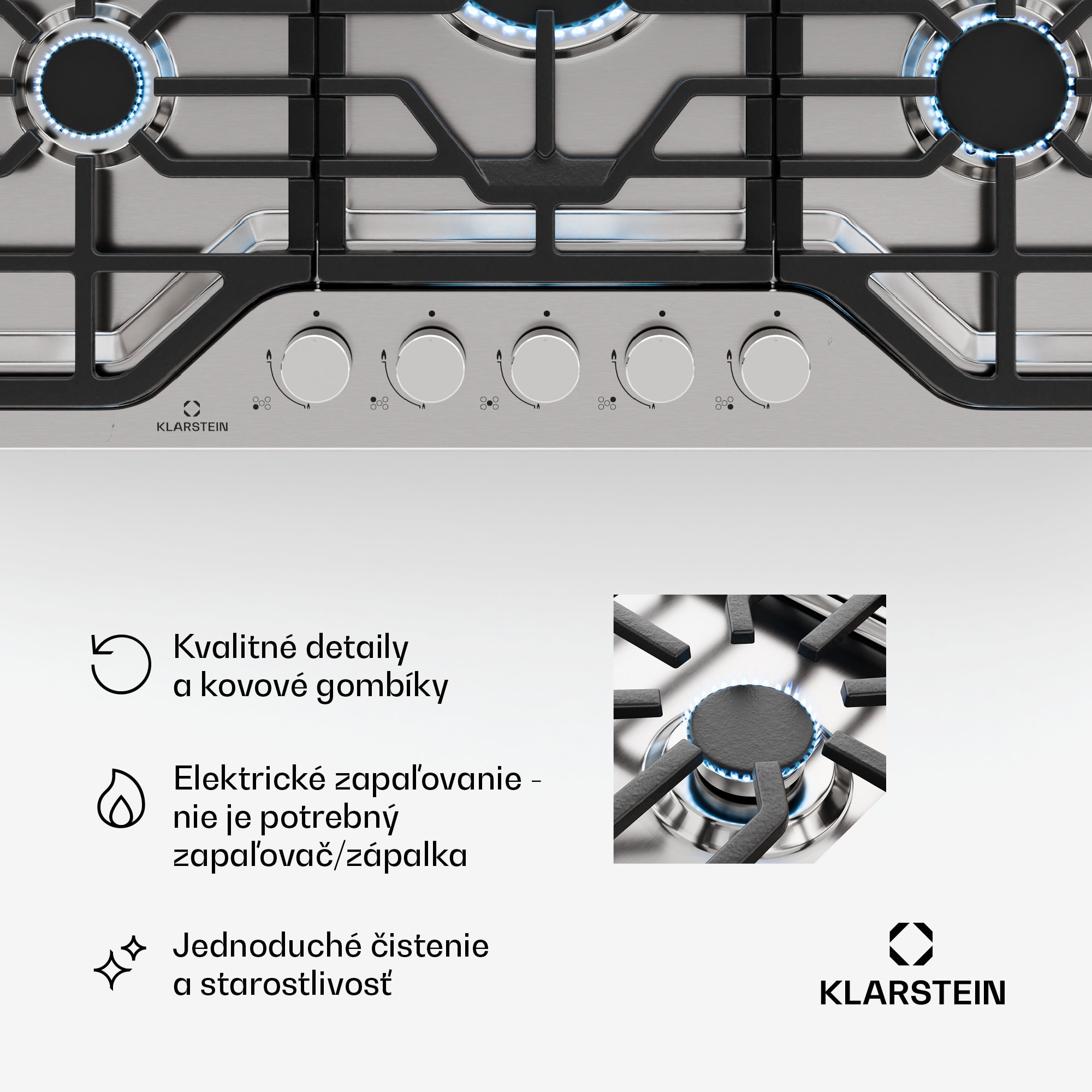 Klarstein Turbocast plynová varná doska, 304 nehrdzavejúca oceľ, 5 horákov, profesionálny liatinový držiak, horák wok – Obrázok 4