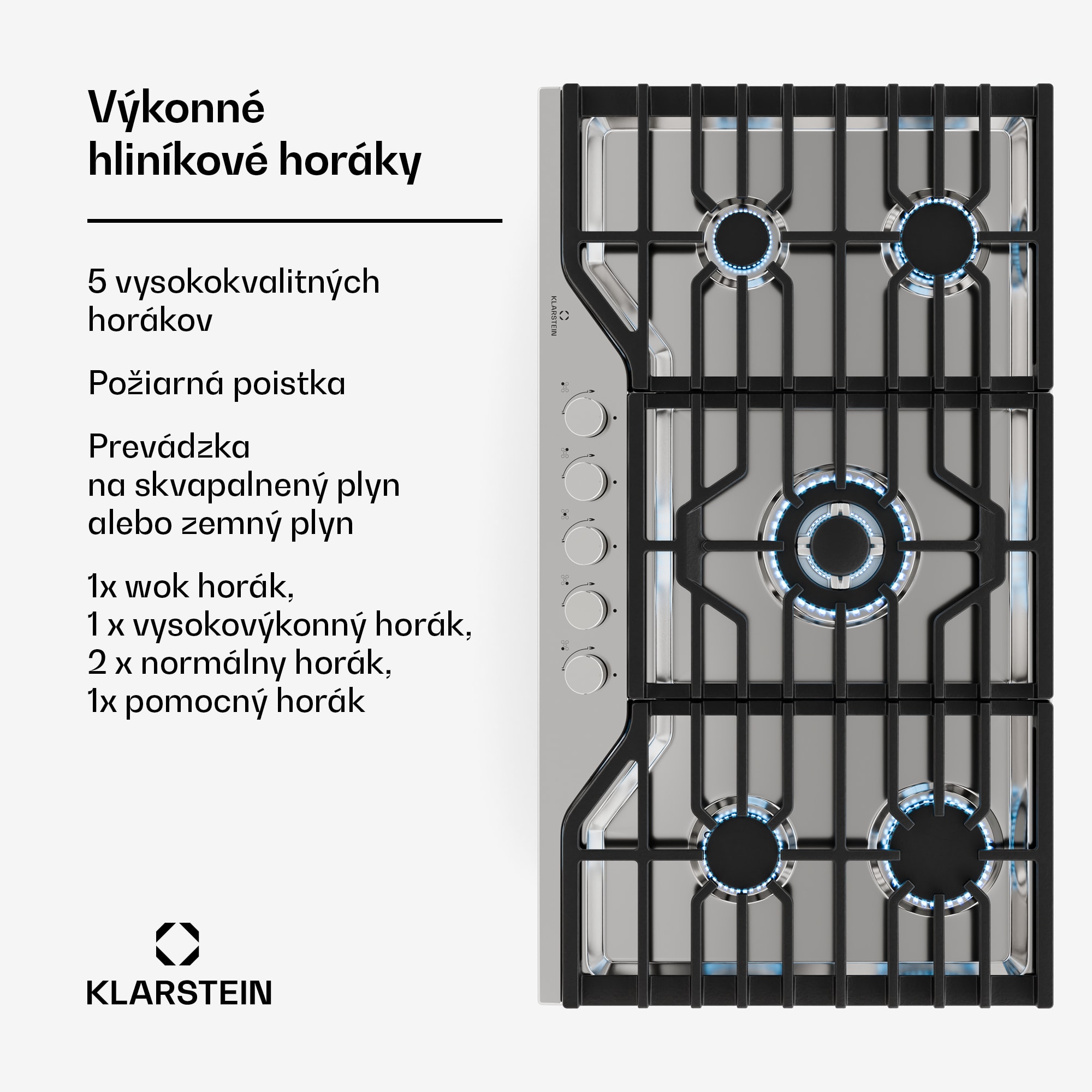 Klarstein Turbocast plynová varná doska, 304 nehrdzavejúca oceľ, 5 horákov, profesionálny liatinový držiak, horák wok – Obrázok 2