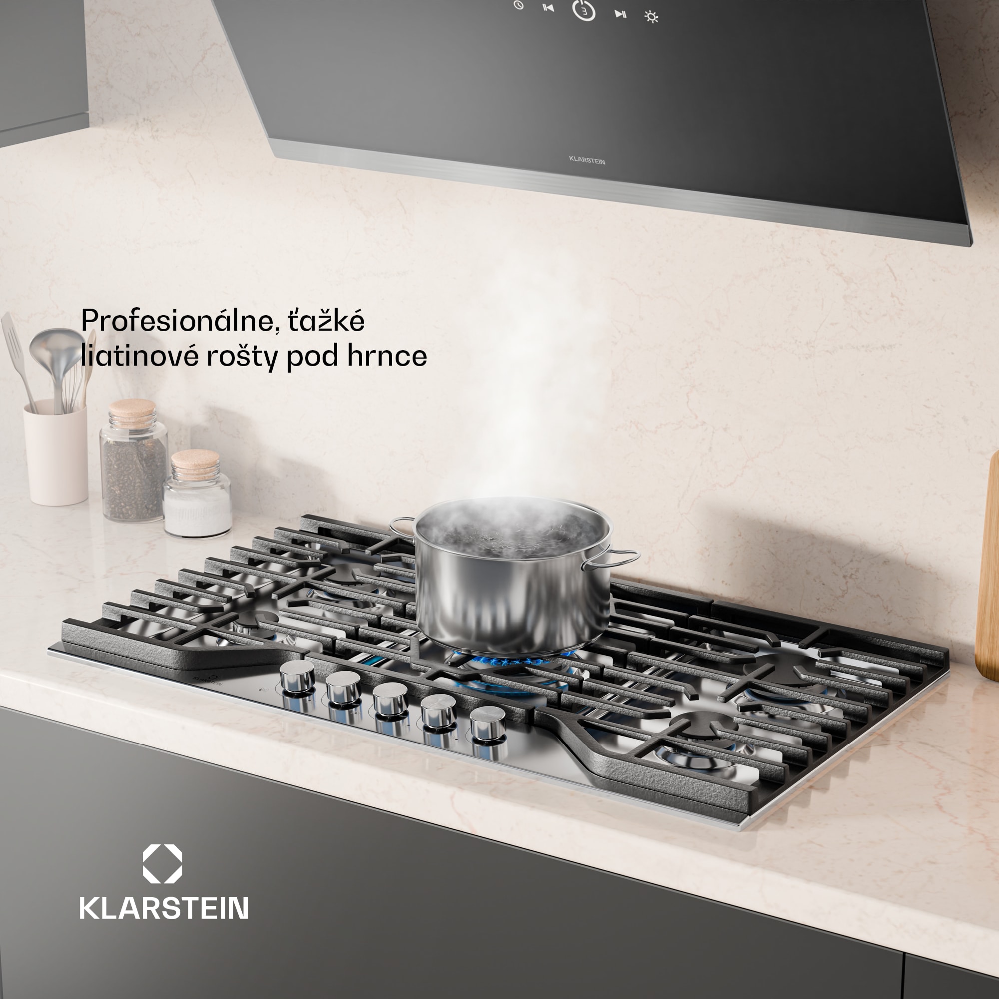 Klarstein Turbocast plynová varná doska, 304 nehrdzavejúca oceľ, 5 horákov, profesionálny liatinový držiak, horák wok – Obrázok 3