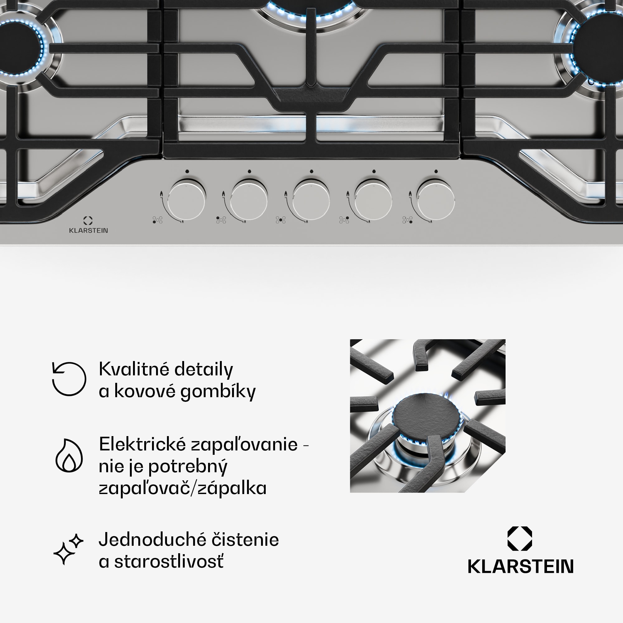 Klarstein Turbocast plynová varná doska, 304 nehrdzavejúca oceľ, 5 horákov, profesionálny liatinový držiak, horák wok – Obrázok 4