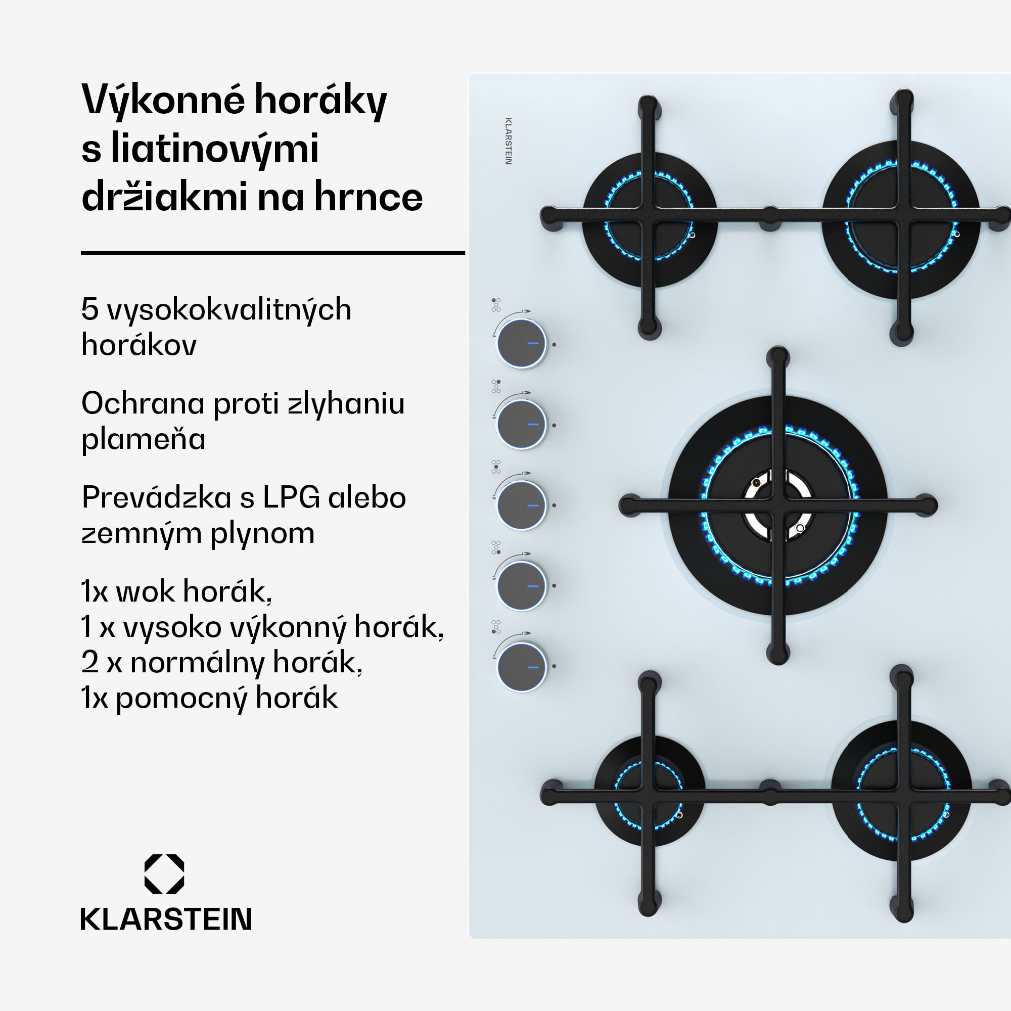 Klarstein Illuminosa 5 plynová varná doska 5 horákov Sabaf, sklokeramická – Obrázok 2