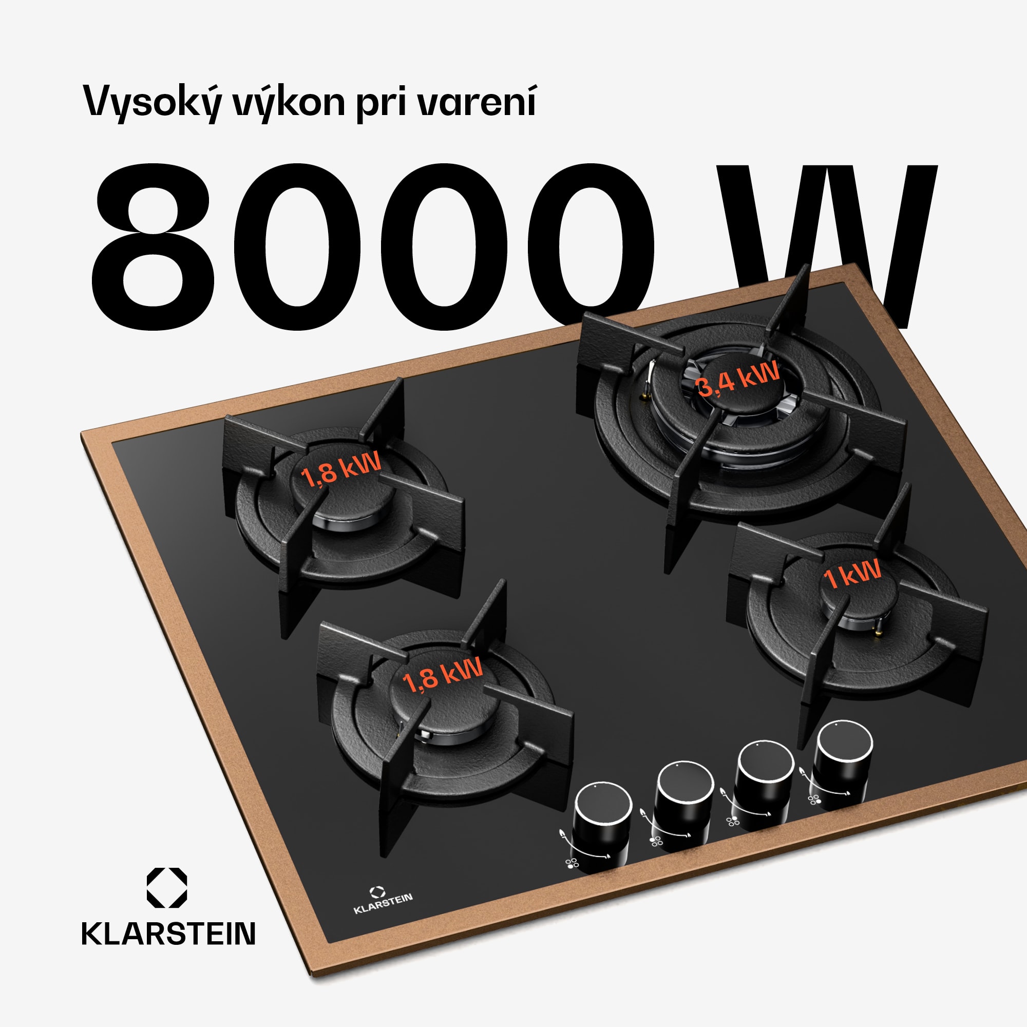 Klarstein Lumiflame plynová varná doska | 4 horáky | medený rám | elektrické zapaľovanie | 8 kW výkon