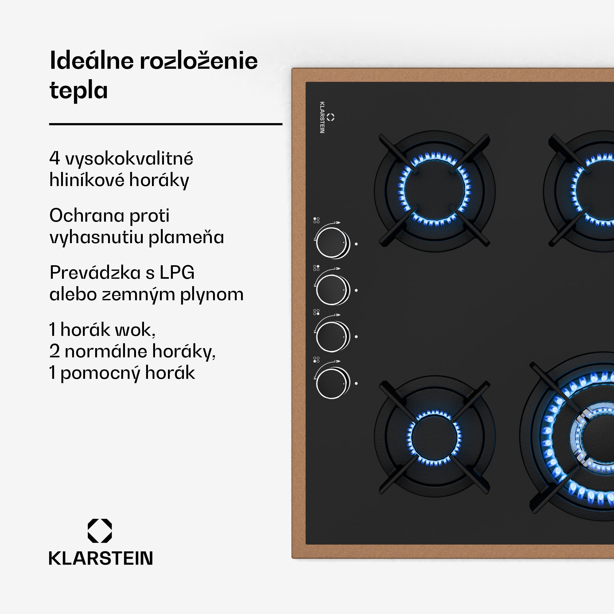 Klarstein Lumiflame plynová varná doska | 4 horáky | medený rám | elektrické zapaľovanie | 8 kW výkon – Obrázok 2