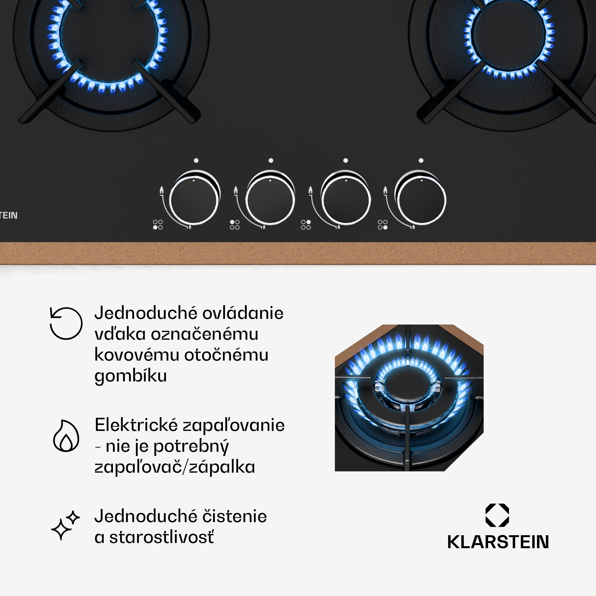 Klarstein Lumiflame plynová varná doska | 4 horáky | medený rám | elektrické zapaľovanie | 8 kW výkon – Obrázok 4