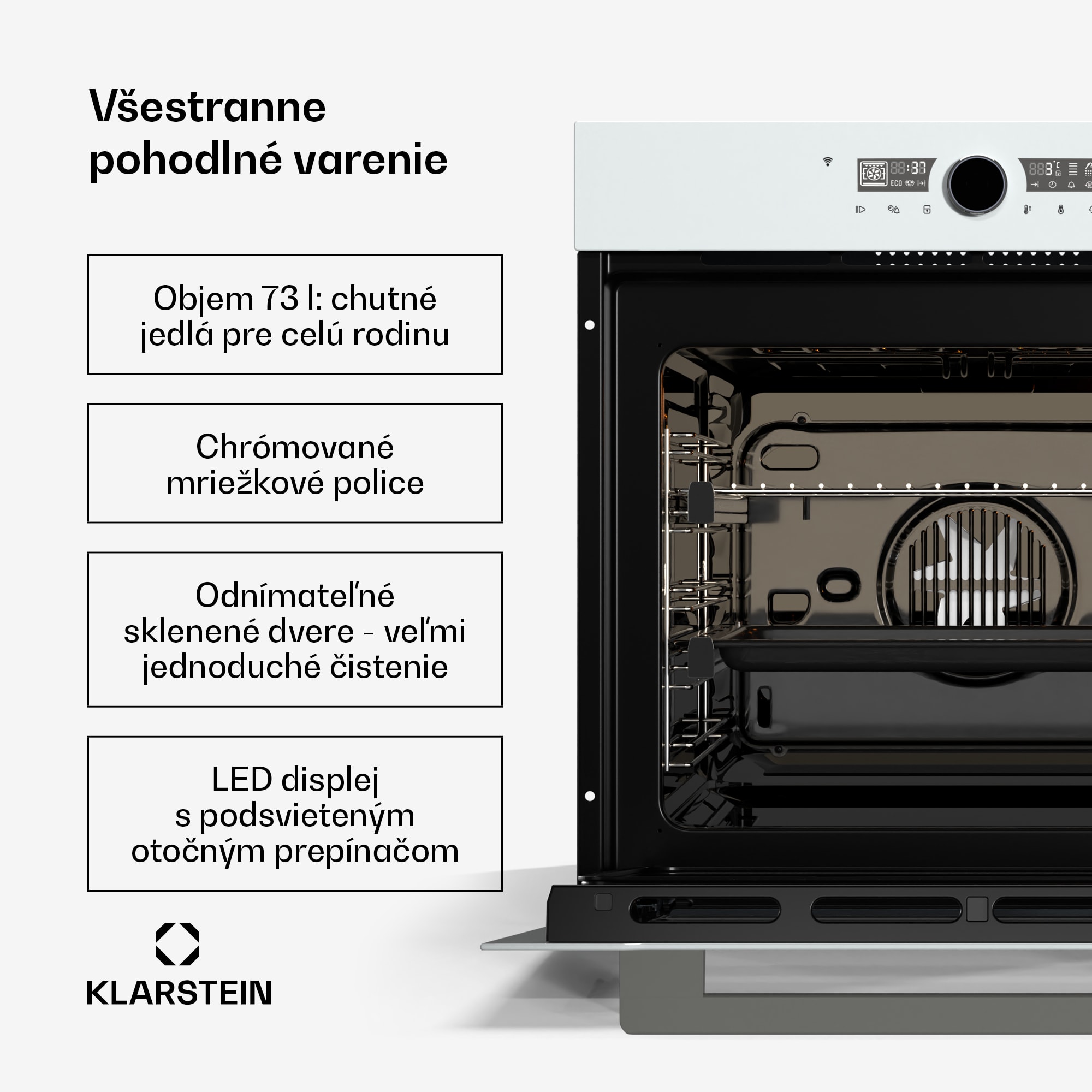 Klarstein Illuminosa inteligentná rúra, ovládanie pomocou aplikácie, Energetická účinnosť A, Kapacita 73 L, 11 Funkcií – Obrázok 2