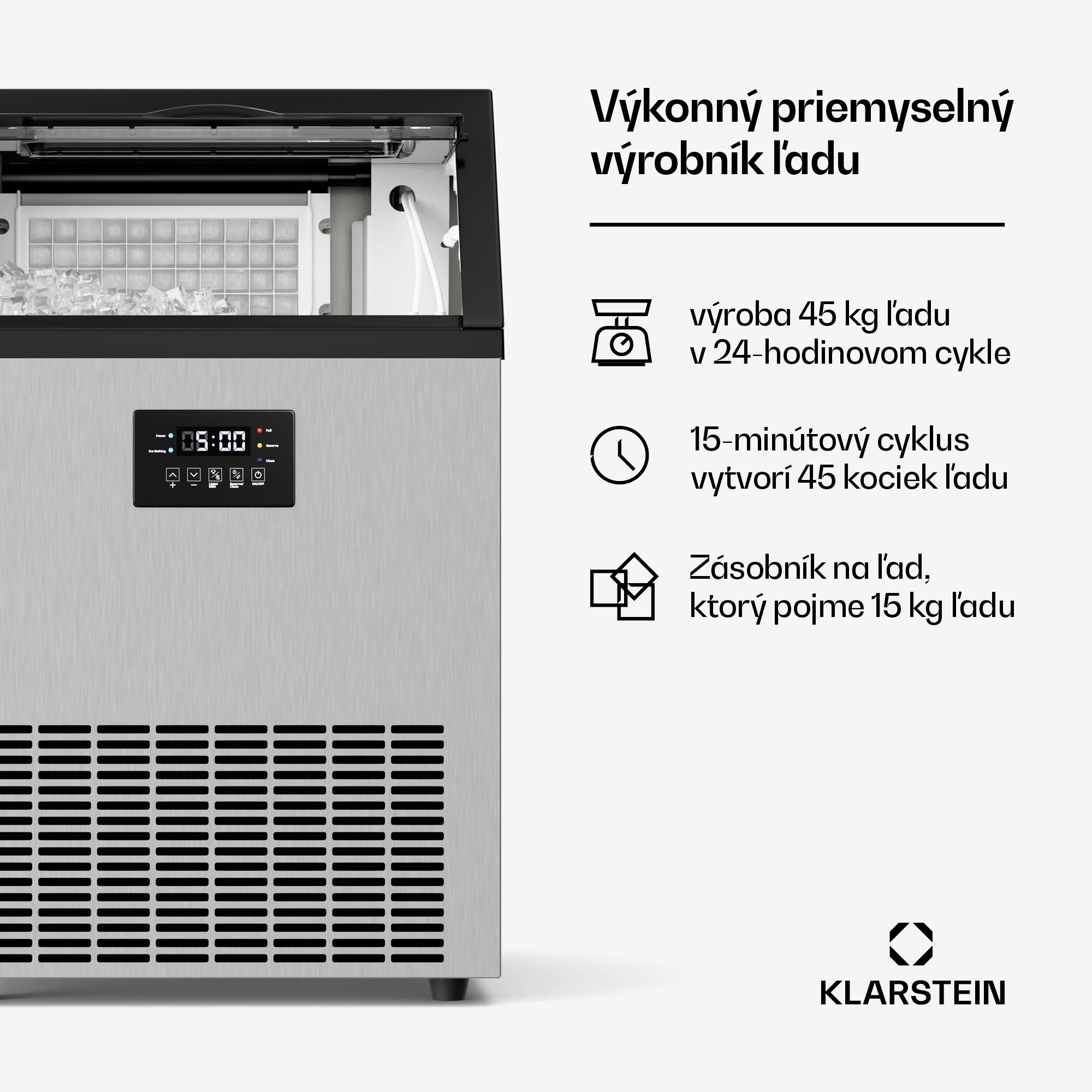 Klarstein Glacial priemyselný výrobník kociek ľadu 45 kg s LED displejom a okienkom