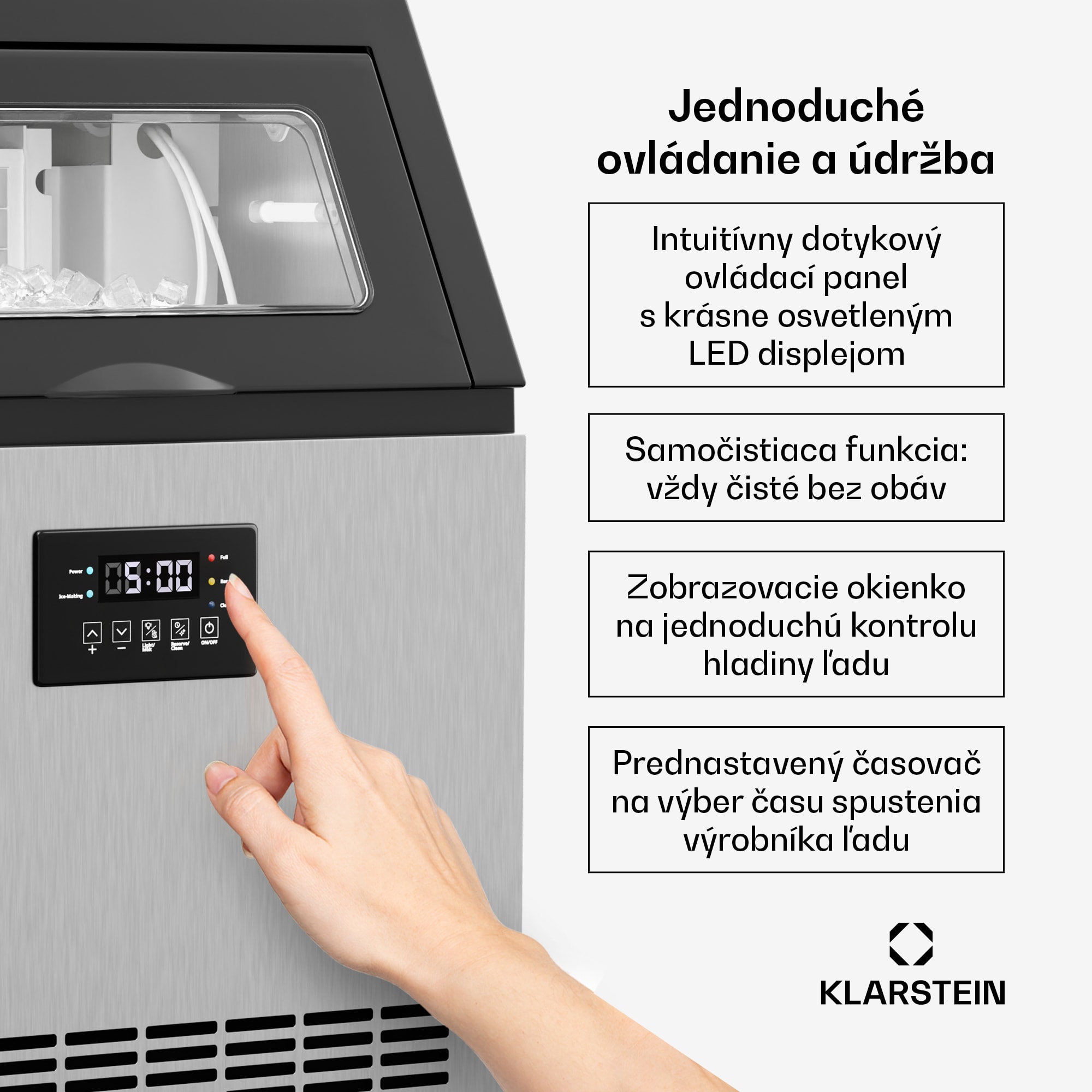Klarstein Glacial priemyselný výrobník kociek ľadu 45 kg s LED displejom a okienkom – Obrázok 2