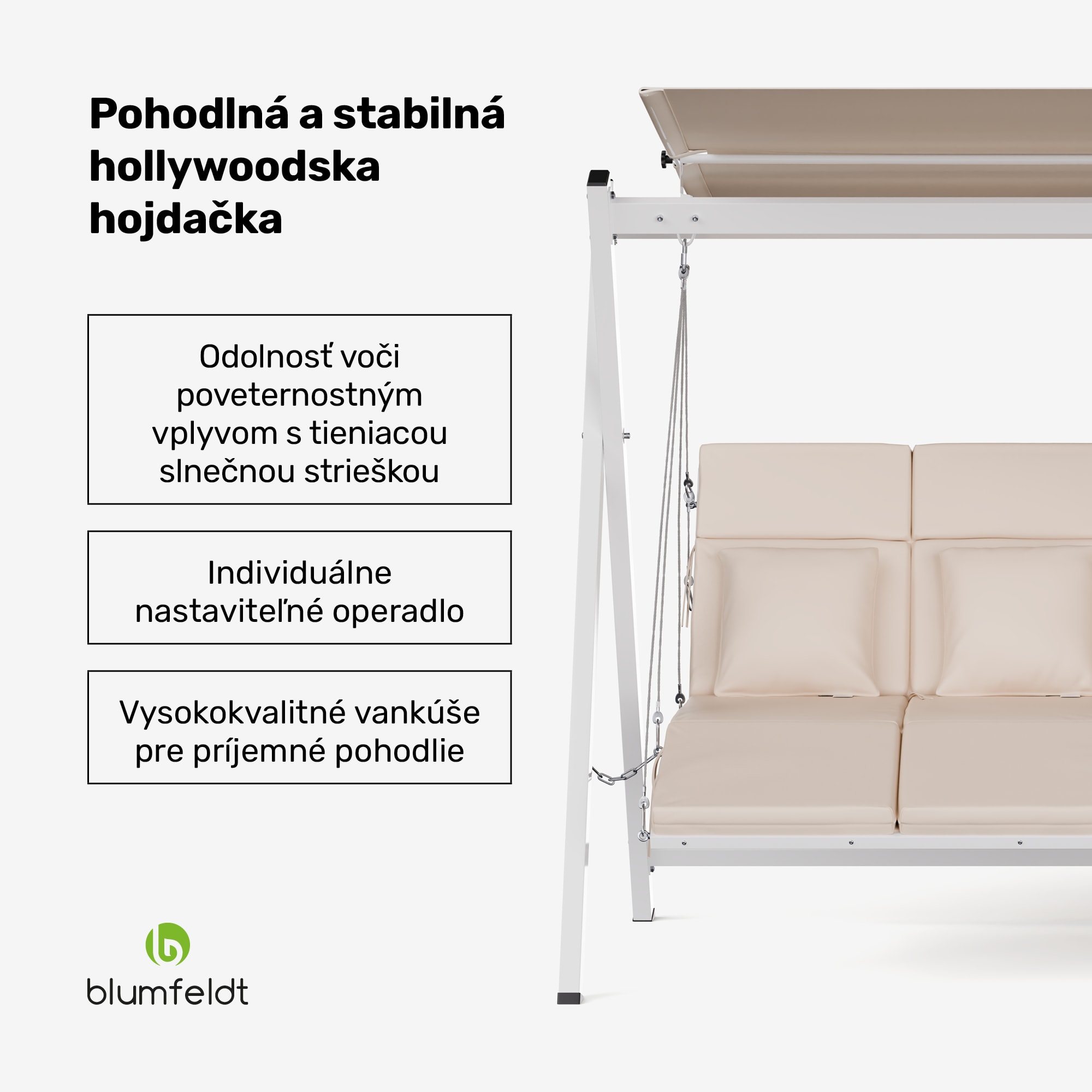 Blumfeldt FlexiSwing Hollywood hojdačka 3-miestna, nastaviteľné operadlo + strieška, odolná voči poveternostným vplyvom
