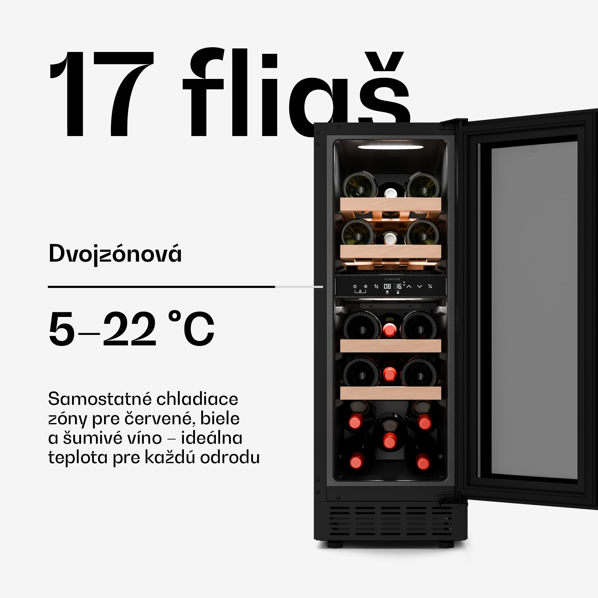 Klarstein Velaire vstavaná vinotéka | Moderná, elegantná | UV ochrana | Dvojzónová | 17 fliaš – Obrázok 2