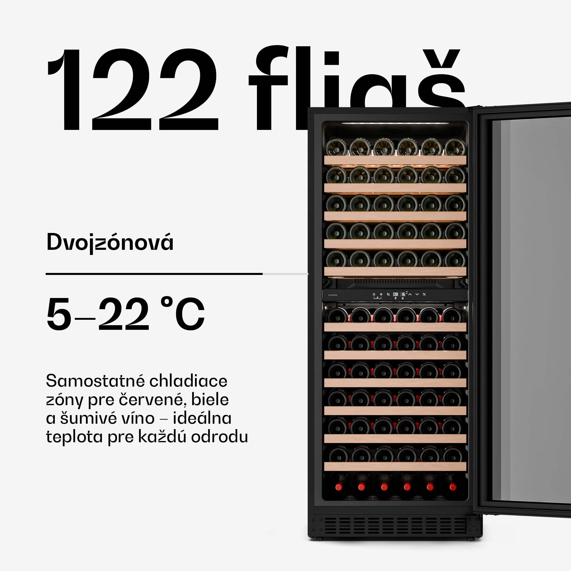 Klarstein Velaire vstavaná vinotéka | Moderná, elegantná | UV ochrana | Dvojzónová | 122 fliaš – Obrázok 2