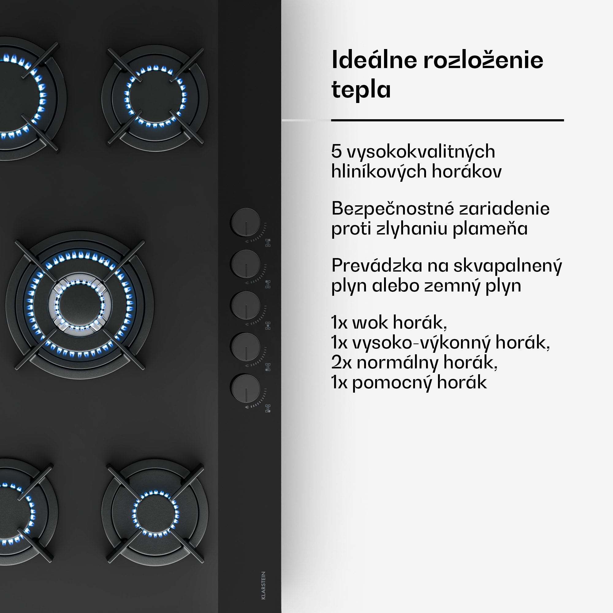 Klarstein Plynová varná doska Velaire, 5-horáková s elektrickým zapaľovaním, Kompatibilná so zemným plynom a LPG, 10400 W, 90 cm – Obrázok 4