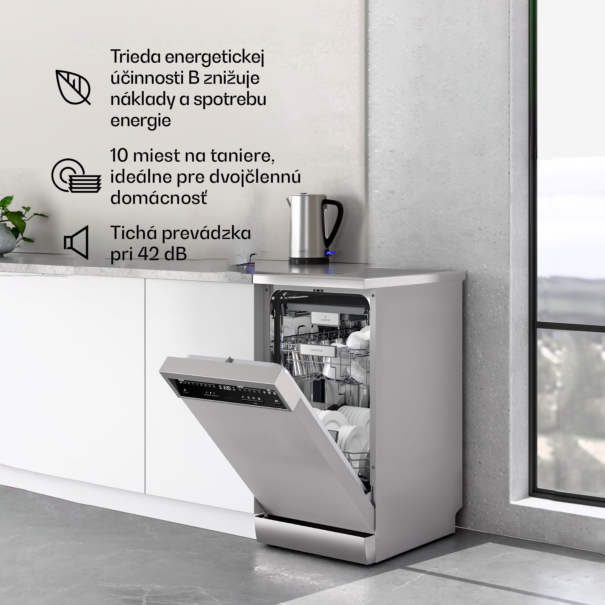 Klarstein Verosteel voľne stojaca umývačka riadu | Minimalistická, kompaktná, elegantná | EEC B | 45 cm – Obrázok 2