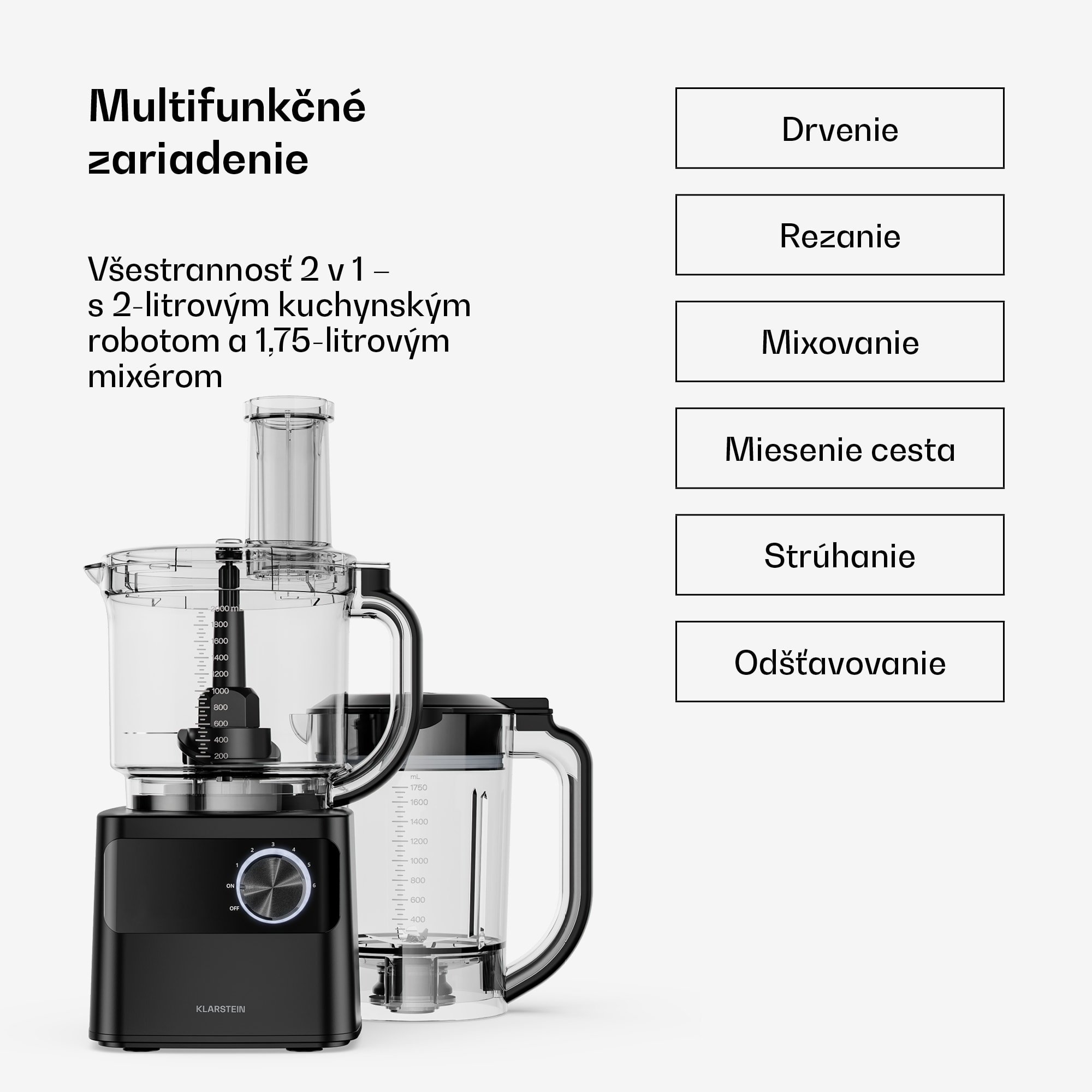 Klarstein Velaire kuchynský robot s mixérom 1200W, 2 l robot/1,75 l mixér, miesiace, šľahacie a odšťavovacie funkcie – Obrázok 2