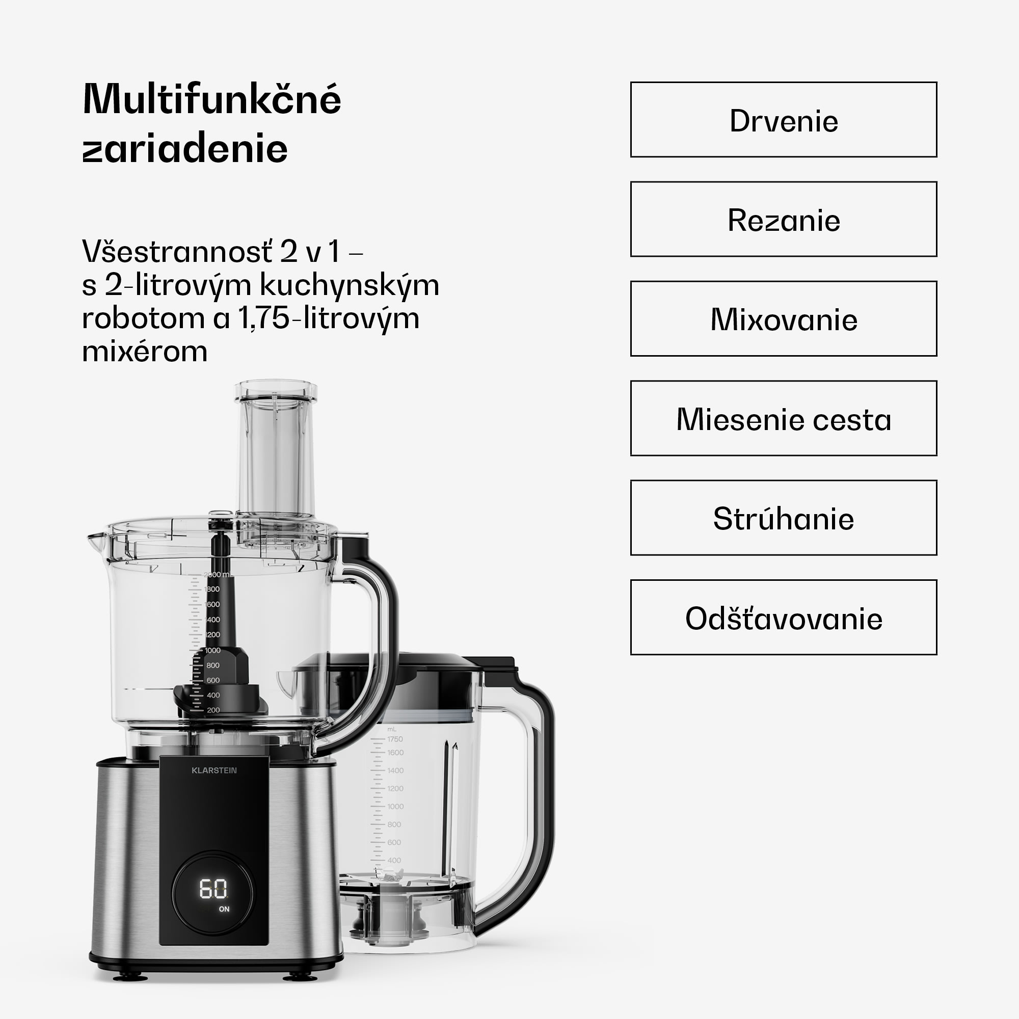 Klarstein Verosteel kuchynský robot s mixérom | Hnetenie, šľahanie a odšťavovanie | 1200 W | 2 L/1,75 L – Obrázok 2