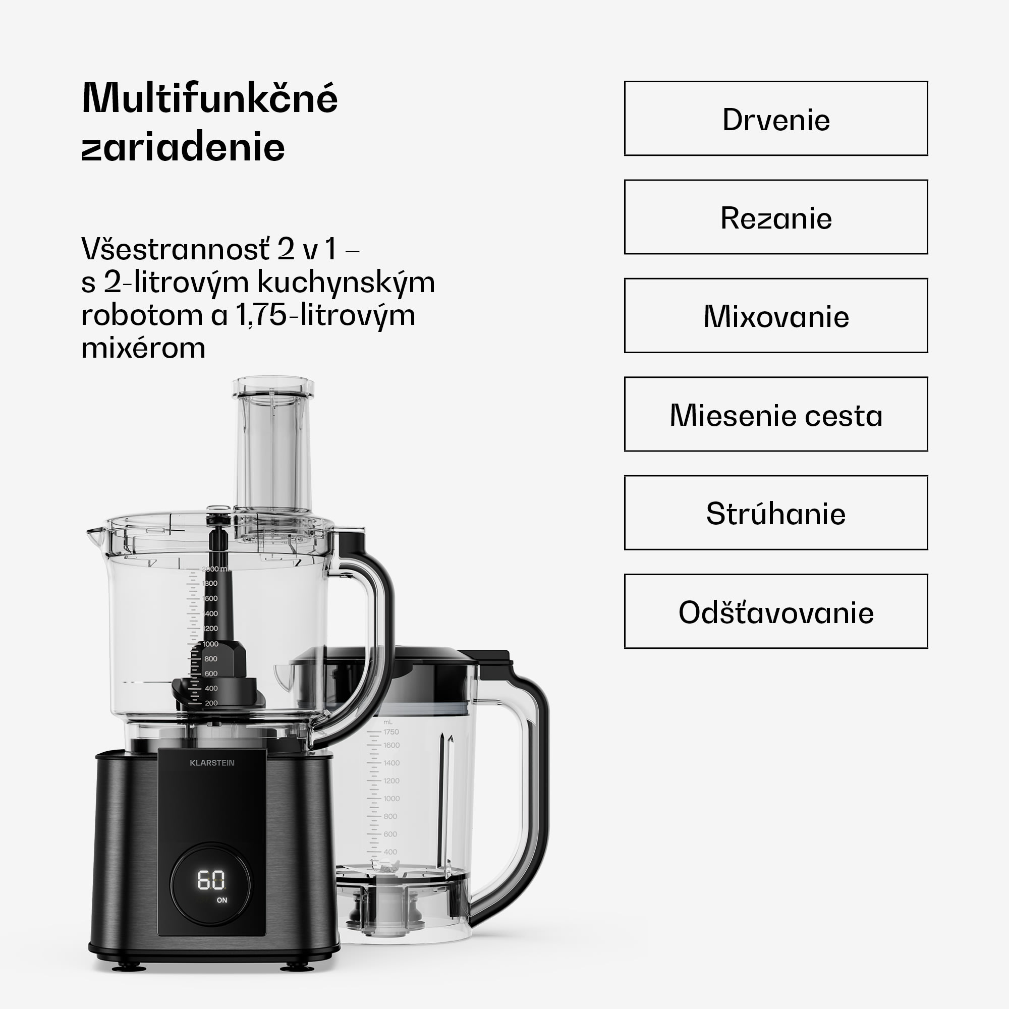 Klarstein Verosteel kuchynský robot s mixérom | Hnetenie, šľahanie & odšťavovanie | 1200 W | 2 L/1,75 L – Obrázok 2