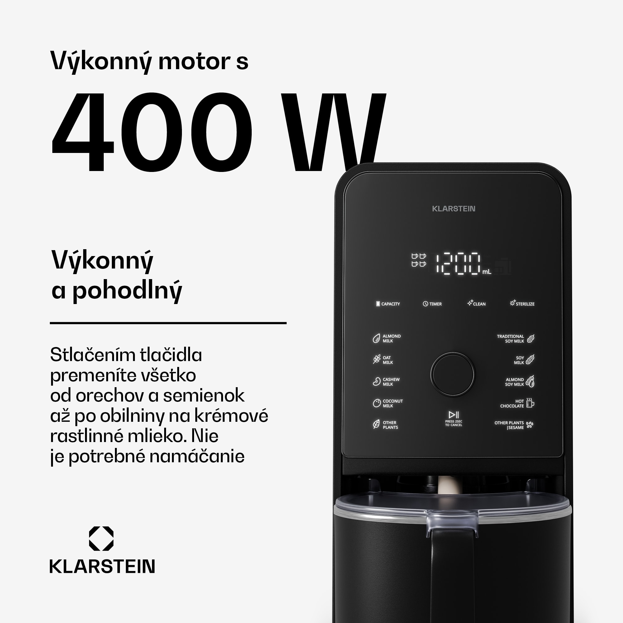 Klarstein Marcia Touch orechový mliečny automat 1,2 l, 6 nerezových nožov, 1200 W, 10 + 2 programy