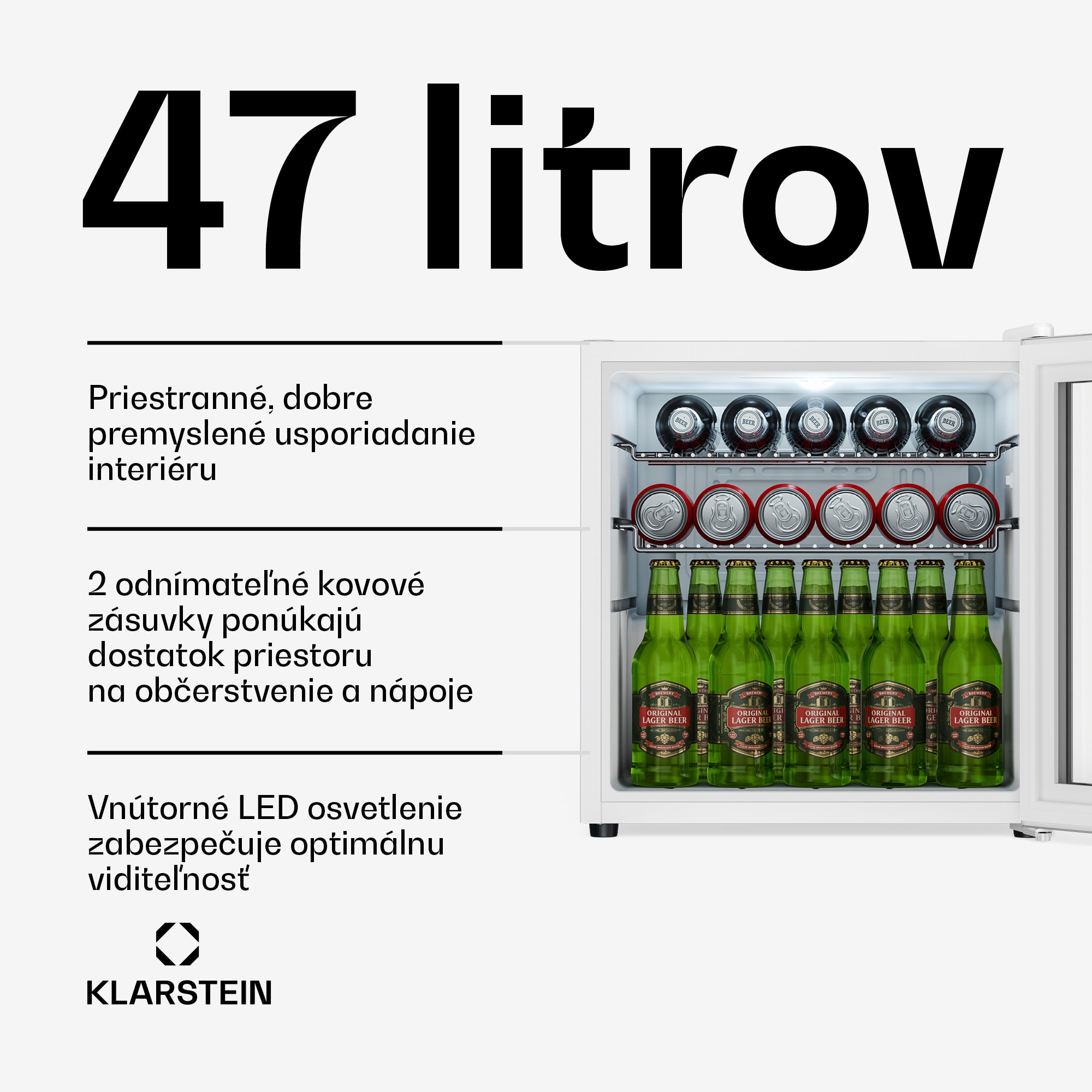 Klarstein Beersafe chladnička na nápoje so sklom dverí | 44 x 48 cm | LED vnútorné osvetlenie | strieborná-biela