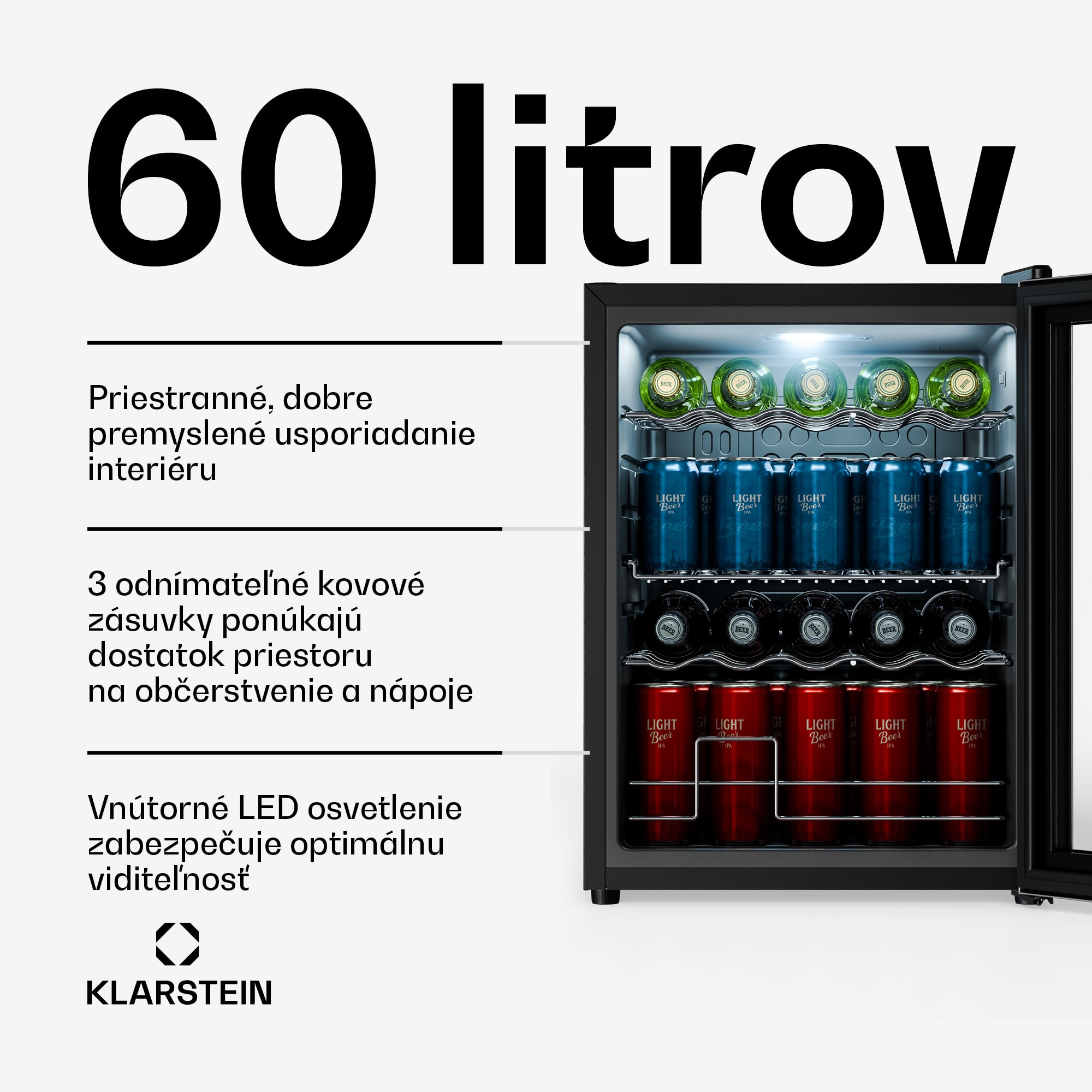 Klarstein Beersafe chladič nápojov so sklom | 64 x 48 cm | LED vnútorné osvetlenie | Strieborná/čierna