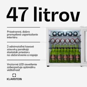 Klarstein Beersafe chladiaci nápojový box so zrkadlovými dverami | 44 x 48 cm | 85 W | 47 l | biely