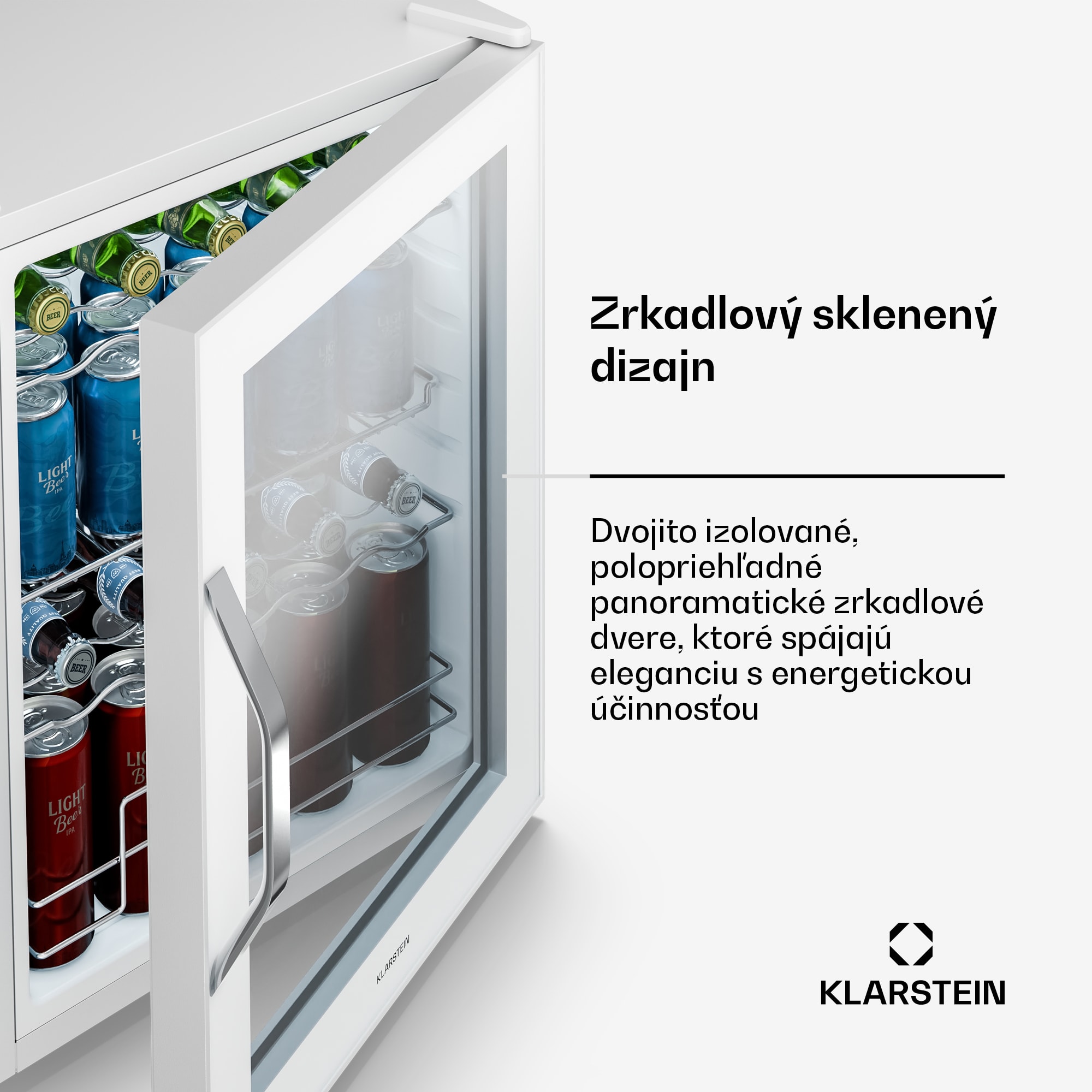 Klarstein Beersafe chladiaci nápojový box so zrkadlovými dverami | 64 x 48 cm | 85 W | 60 l | biely – Obrázok 4