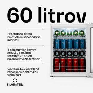Klarstein Beersafe chladič nápojov so sklom | 64 x 48 cm | 60 l | 85 W | Strieborná/Biela
