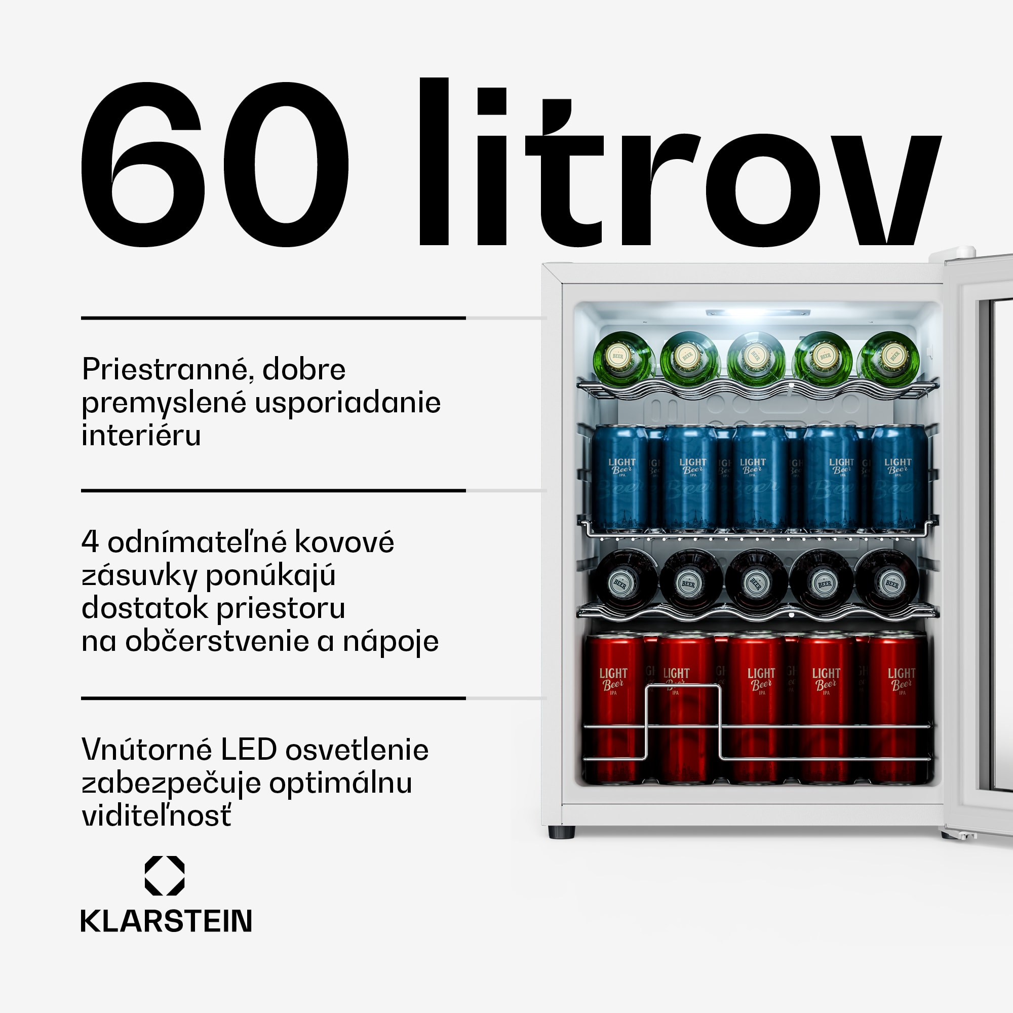 Klarstein Beersafe chladič nápojov so sklom | 64 x 48 cm | 60 l | 85 W | Strieborná/Biela