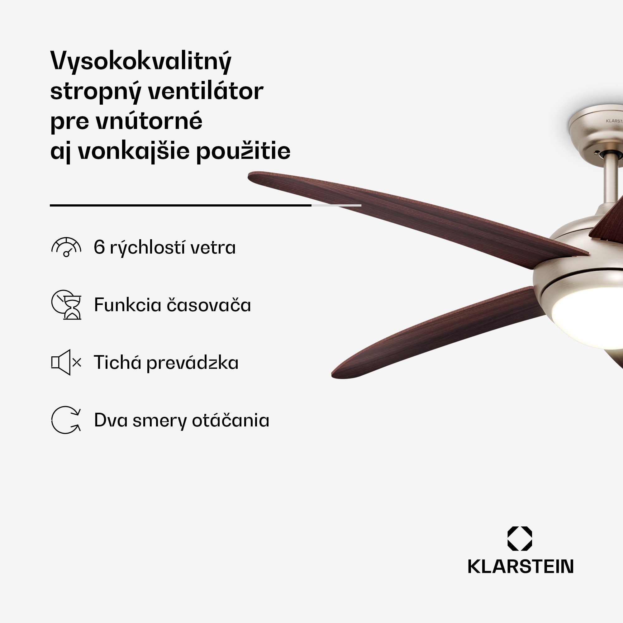Klarstein Stropný ventilátor Bolero s osvetlením | 132 cm | 35 W | Tichý chod | Drevo