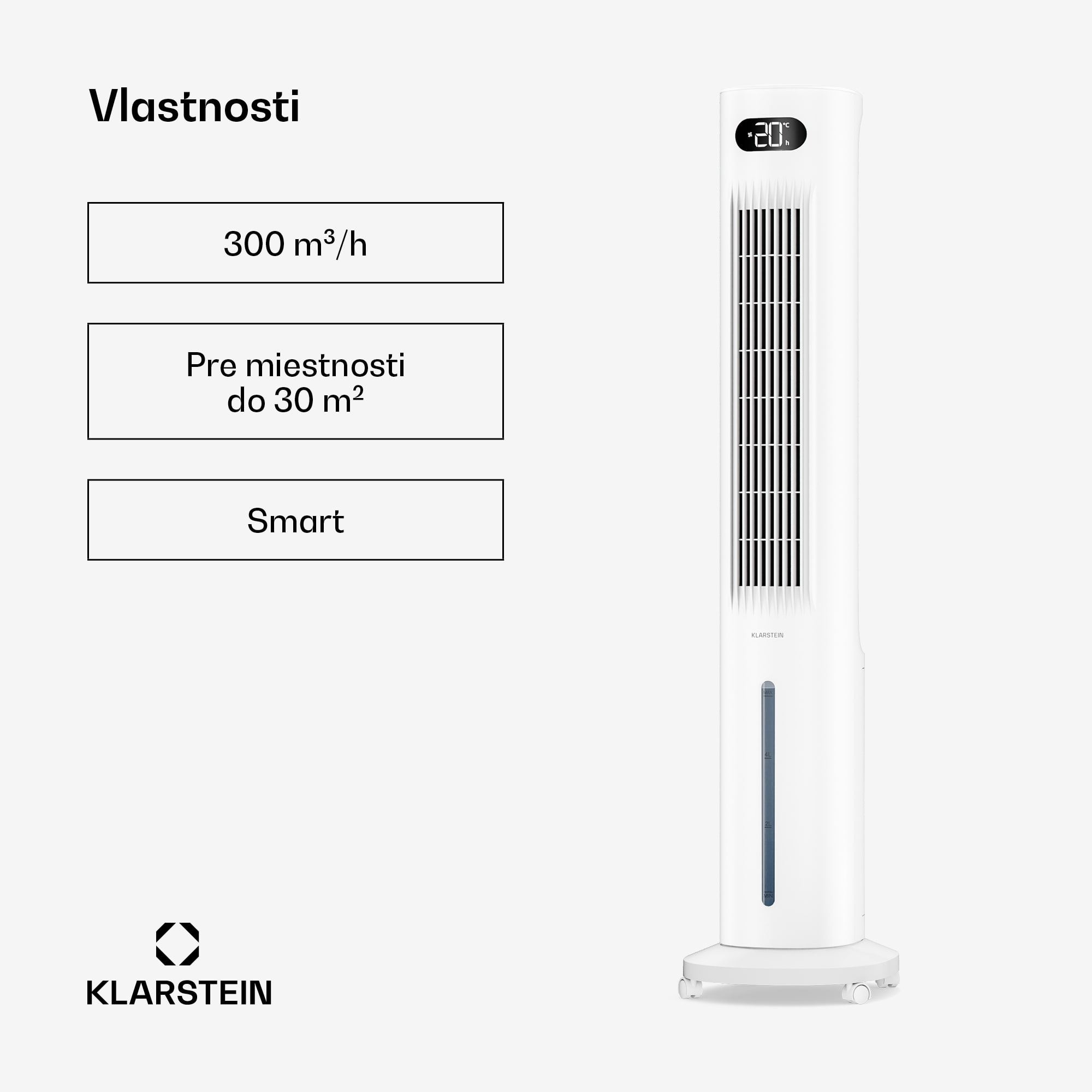 Klarstein Polar Smarter vzduchový chladič s vodným chladením | 300 m³/h | 5 l | 30 m² | 3 režimy | 75 W