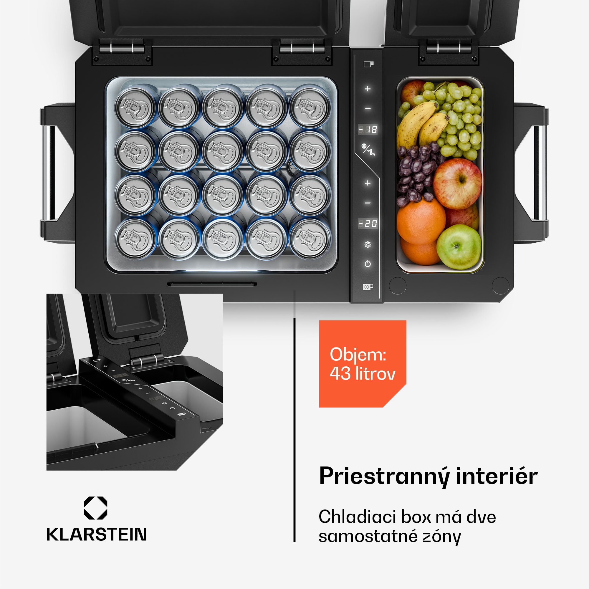 Klarstein Arctiq Duo chladiaca box | S kompresorom | 43 l | 58 plechoviek | -18 - 20 °C | Čierna | 78 cm – Obrázok 2