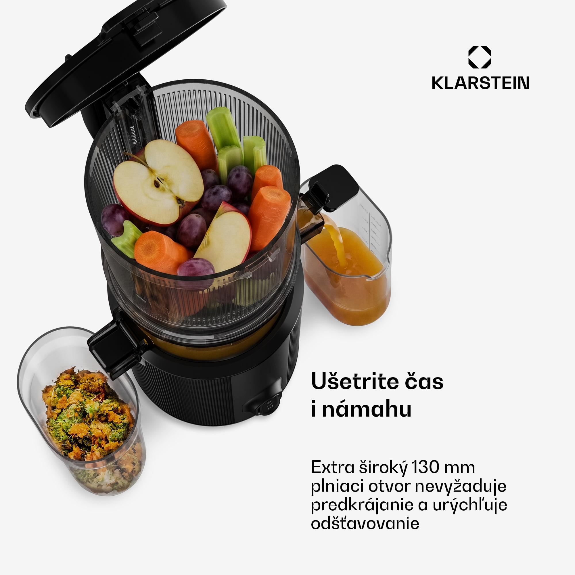 Klarstein Wavyn odšťavovač s lisovaním za studena | 300 W | Funkcia spätného chodu | Výkonný | Vstupný otvor so šírkou 130 mm – Obrázok 2