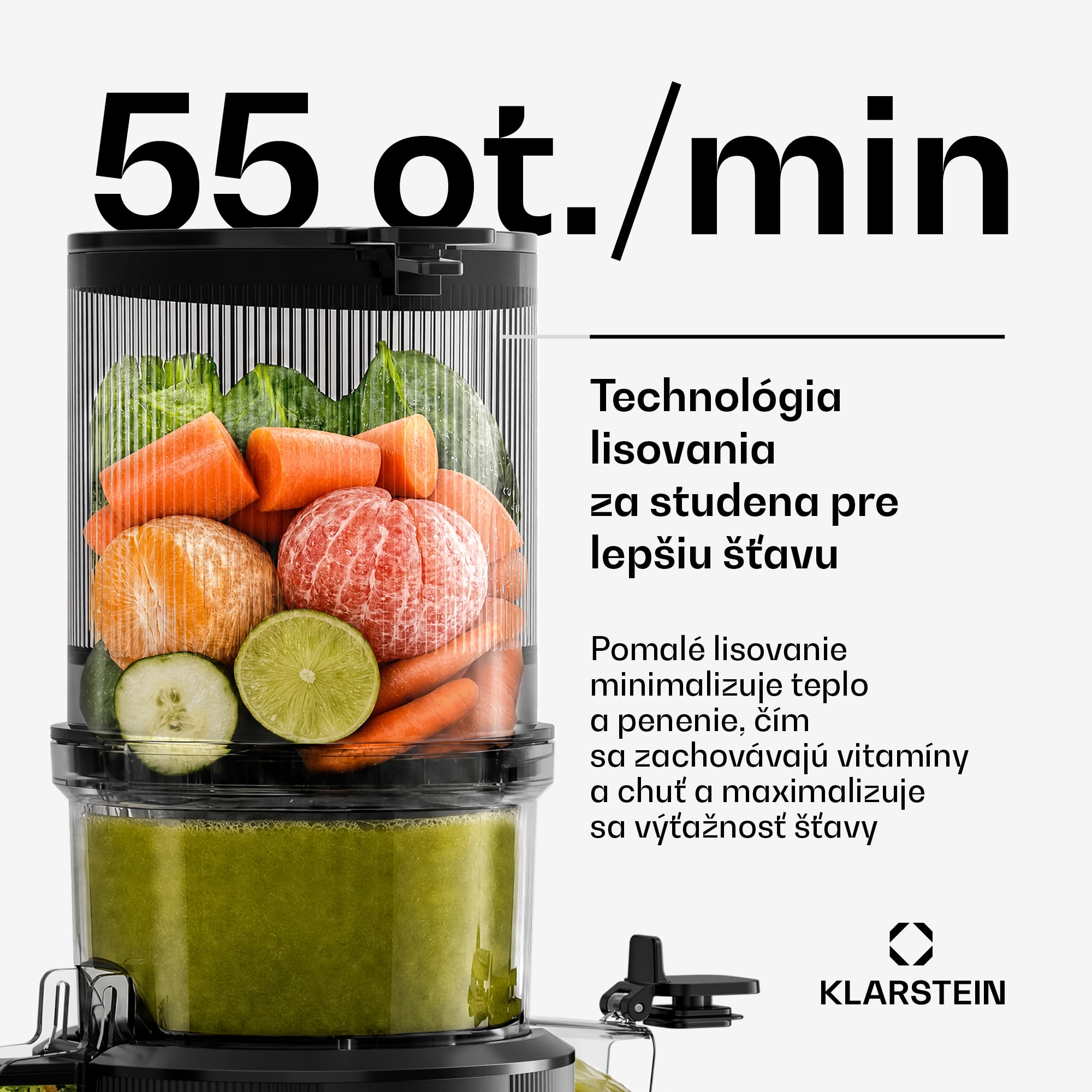 Klarstein Wavyn odšťavovač s lisovaním za studena | 300 W | Funkcia spätného chodu | Výkonný | Vstupný otvor so šírkou 130 mm – Obrázok 3