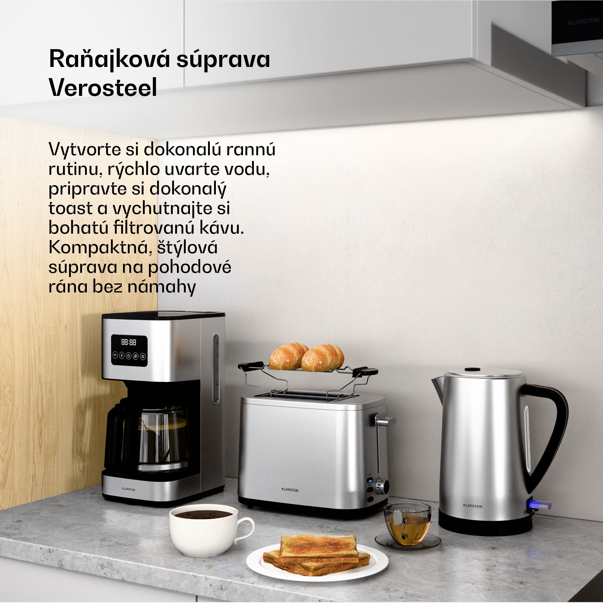 Klarstein Verosteel raňajková súprava | Toster, rýchlovarná kanvica, kávovar | 12 šálok – Obrázok 2