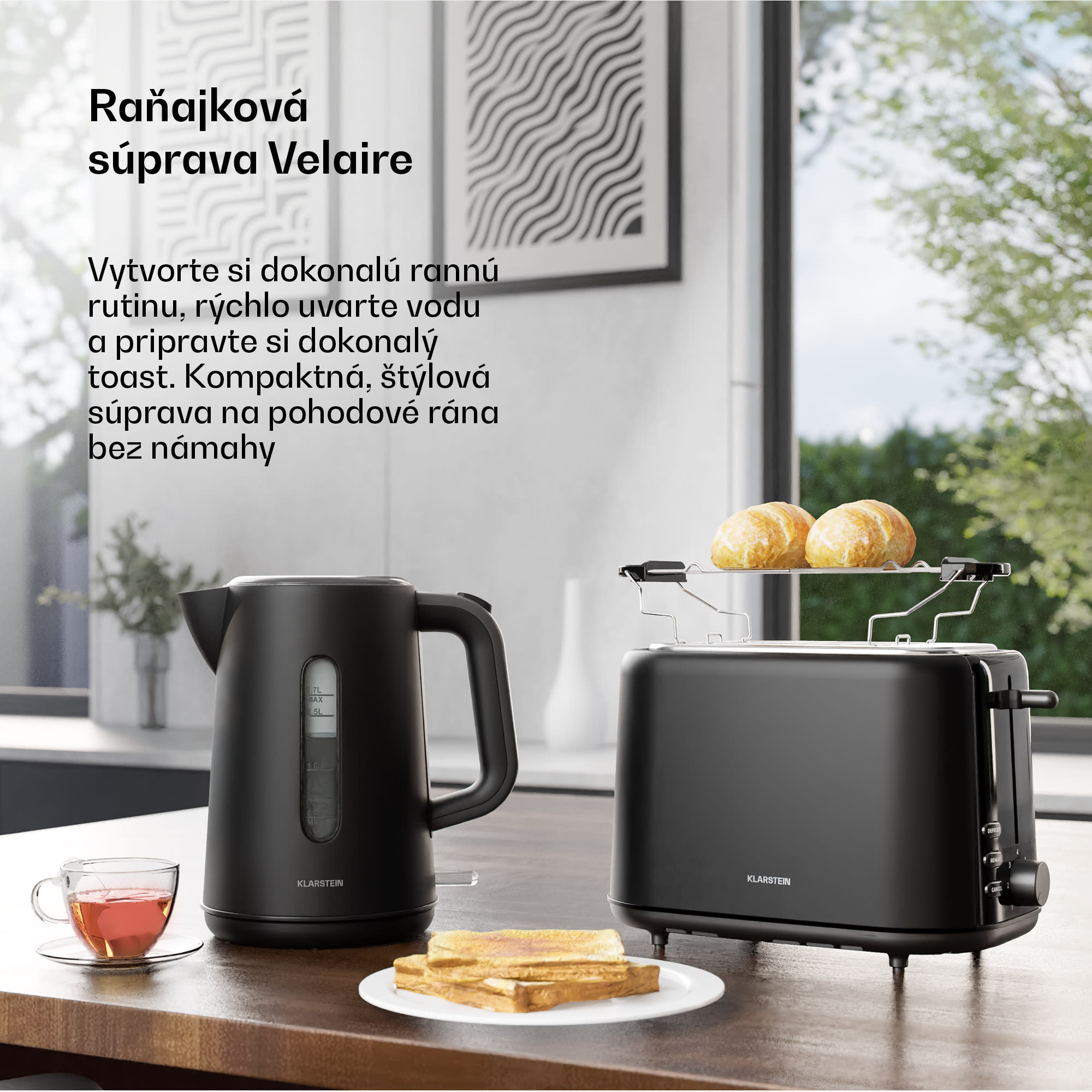 Klarstein Velaire základná sada na raňajky | 2-štrbinový hriankovač & rýchlovarná kanvica | 800 W | 1,7 l – Obrázok 2