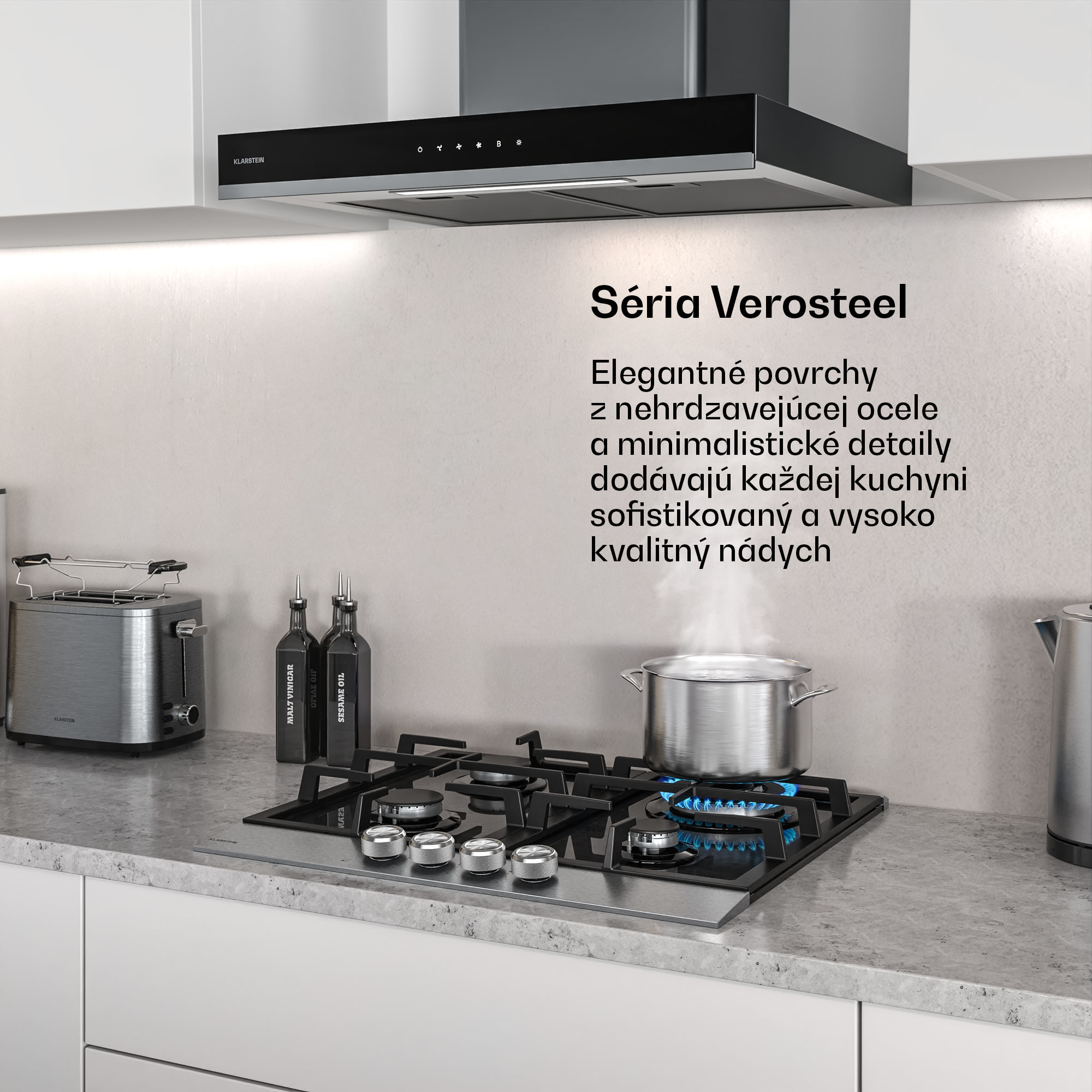 Klarstein Verosteel plynová varná doska + Verosteel komínový odsávač | Nerez | 60 cm